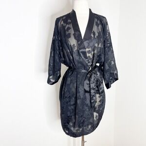 Inner Most Vintage Black Sheer Floral Burnout Wrap Robe Satin Trim Large